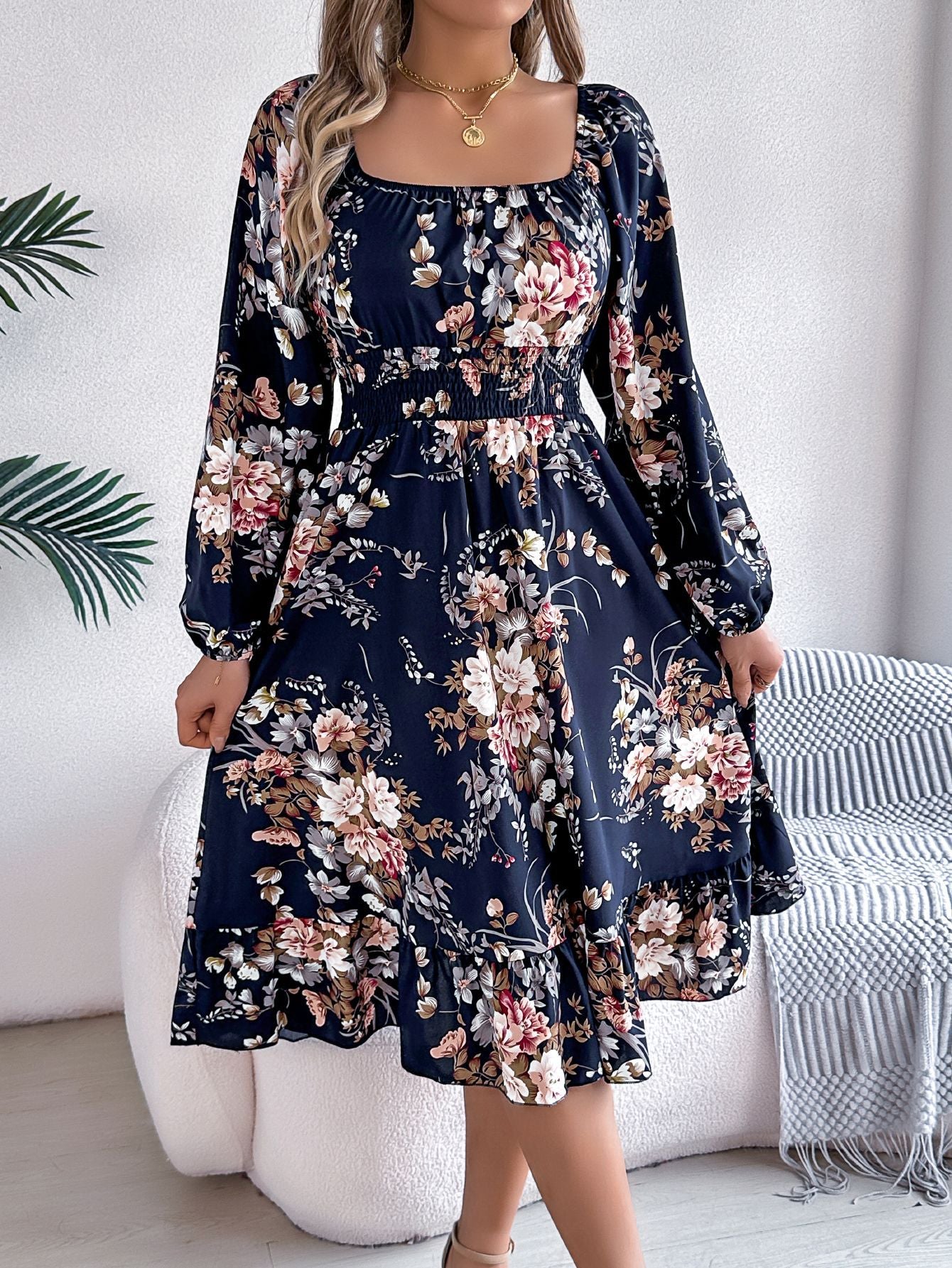 Real shot spring and summer European and American elegant flower square collar long sleeve waist ruffled A- line skirt independent station cross-border women's clothing by DERILUJA LLC