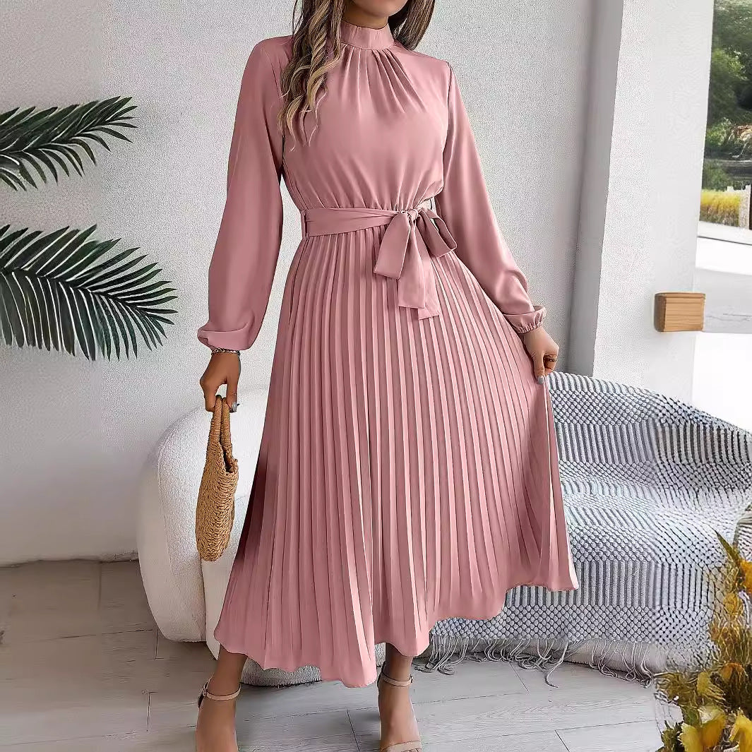 2026 European and American Spring/Summer Elegant Stand Collar Long Sleeve Waist-Cinched Pleated Long Dress Mini Dress Amazon Cross-Border Women's Clothing by DERILUJA LLC