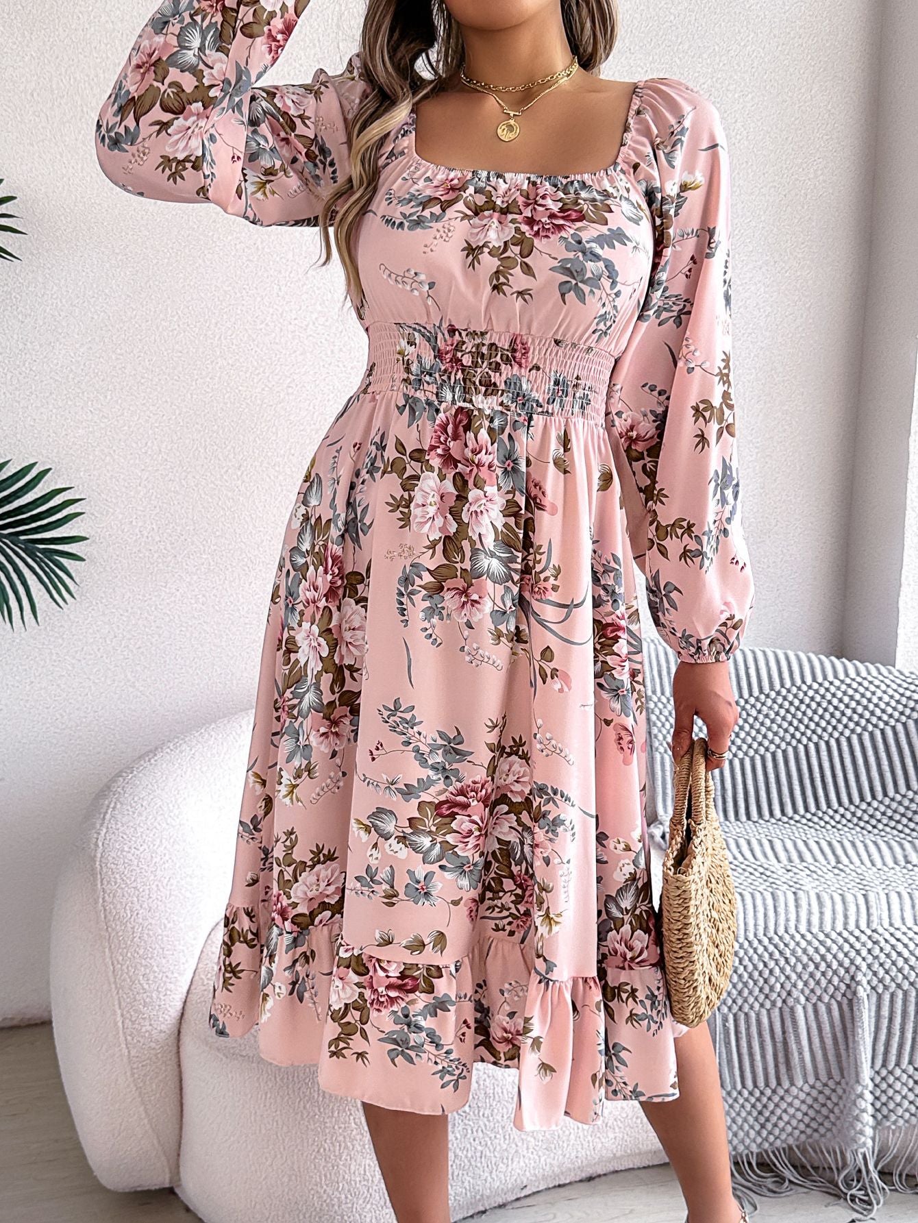 Real shot spring and summer European and American elegant flower square collar long sleeve waist ruffled A- line skirt independent station cross-border women's clothing by DERILUJA LLC