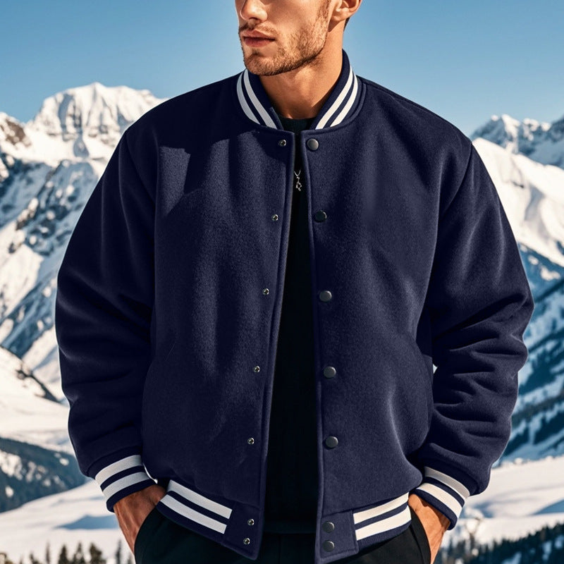 Cross-Border Men's Autumn and Winter Fleece American Retro Baseball Jacket Loose Casual Stand Collar Single-Breasted Men's Coat by DERILUJA LLC