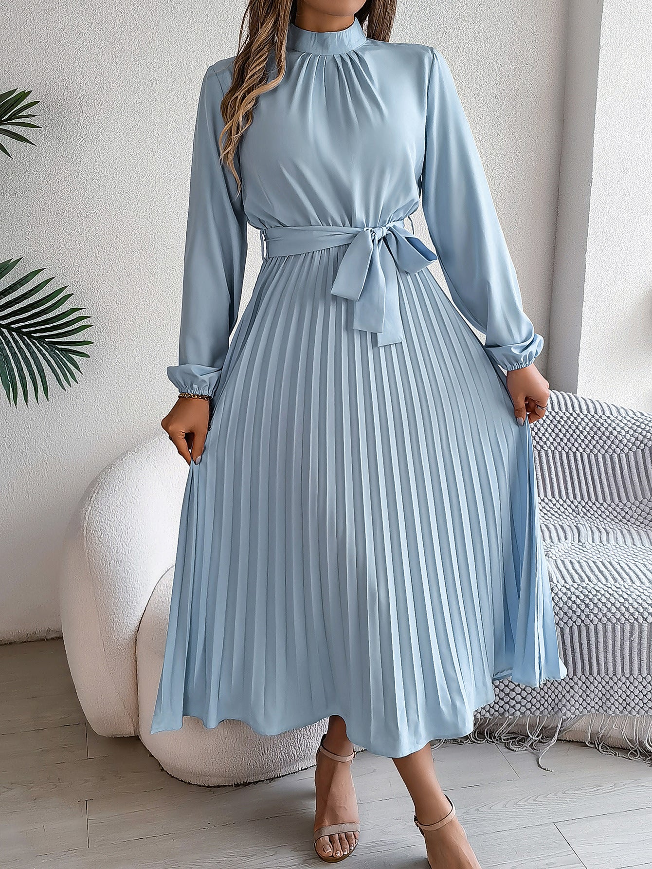 2026 European and American Spring/Summer Elegant Stand Collar Long Sleeve Waist-Cinched Pleated Long Dress Mini Dress Amazon Cross-Border Women's Clothing by DERILUJA LLC