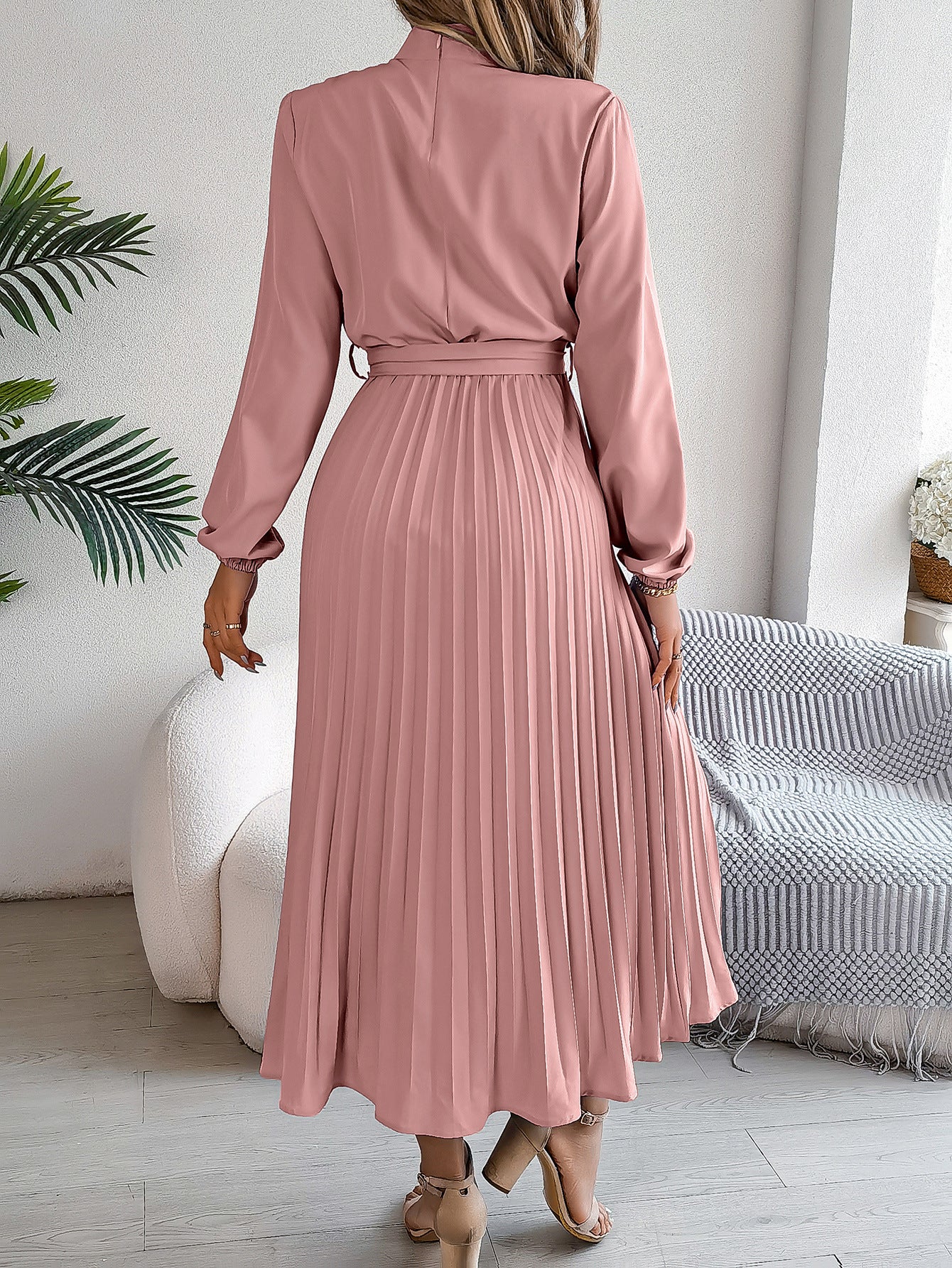 2026 European and American Spring/Summer Elegant Stand Collar Long Sleeve Waist-Cinched Pleated Long Dress Mini Dress Amazon Cross-Border Women's Clothing by DERILUJA LLC