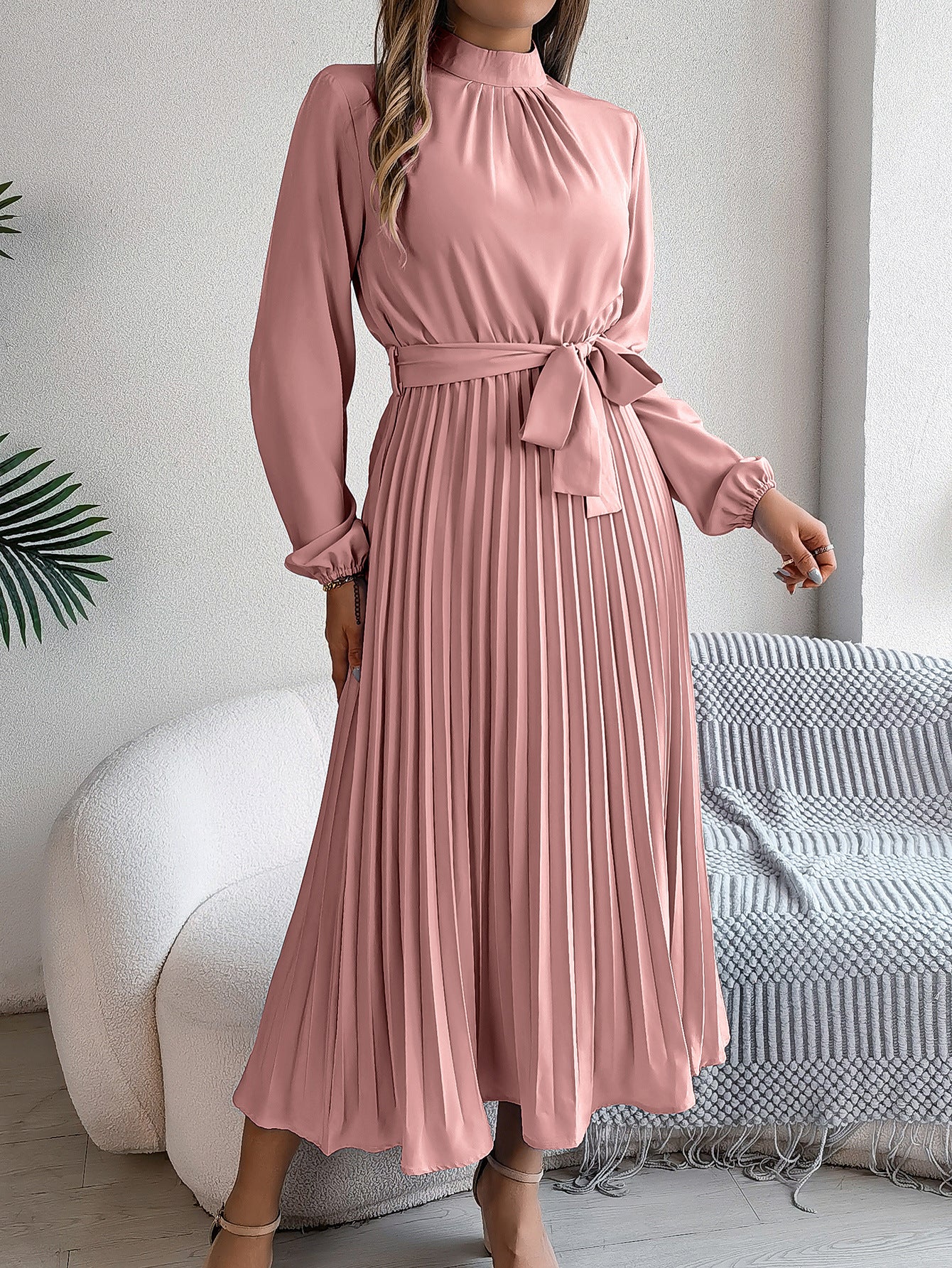 2026 European and American Spring/Summer Elegant Stand Collar Long Sleeve Waist-Cinched Pleated Long Dress Mini Dress Amazon Cross-Border Women's Clothing by DERILUJA LLC