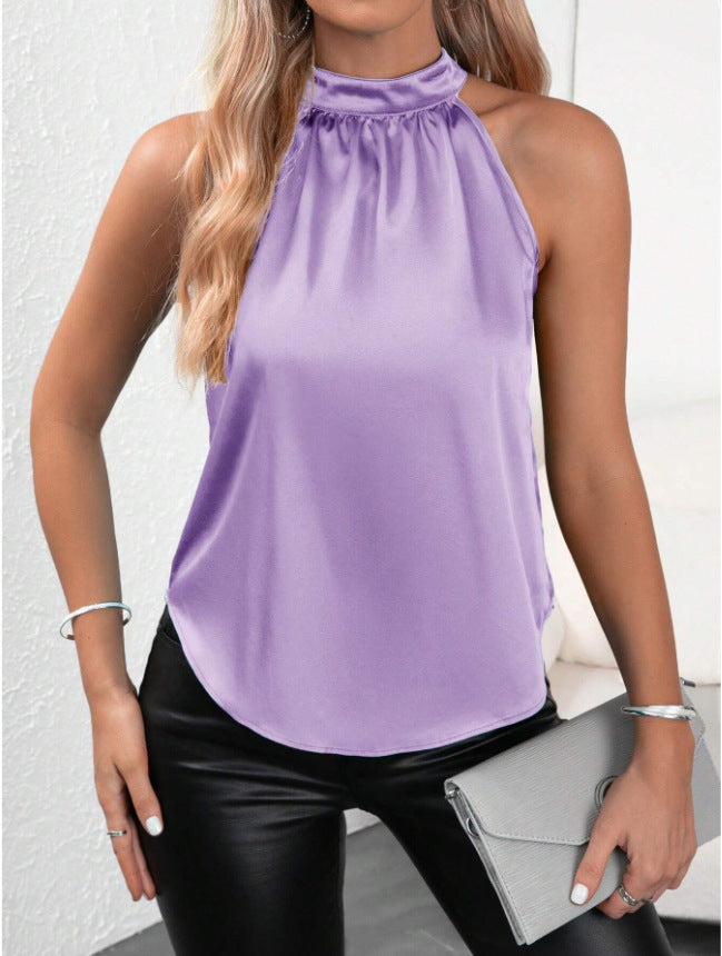 Amazon 2026 European and American Cross-Border Foreign Trade Summer New Satin Vest for Women, Solid Color Off-Shoulder Halter Neck Sleeveless Top by DERILUJA LLC