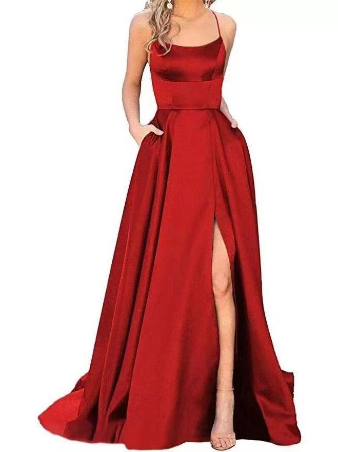2023 Amazon European and American cross-border new bridesmaid dress long dress small tail strap solid color banquet evening dress by DERILUJA LLC