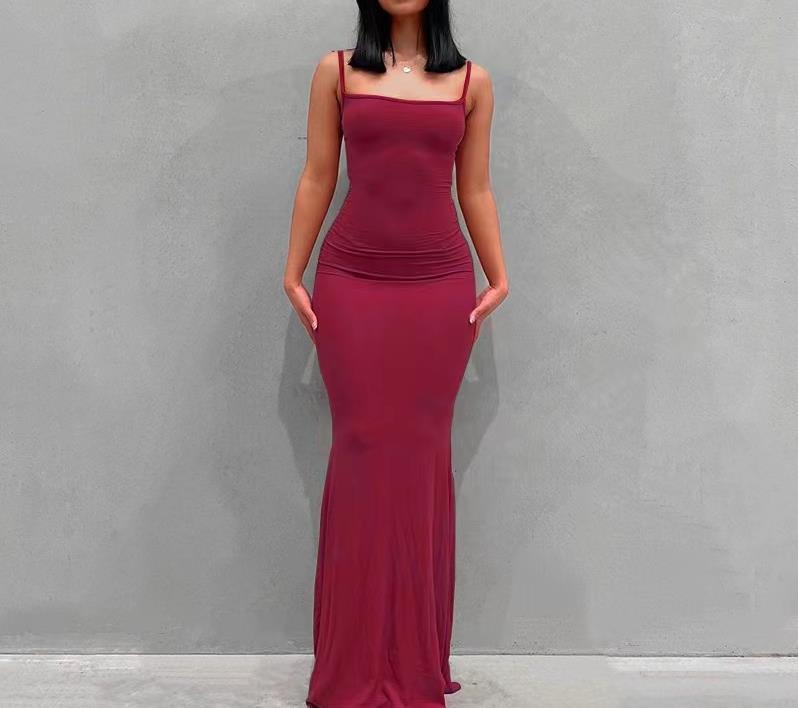 Sling dress European and American Women's High-end Sense Pure Desire Hip Skirt Sexy Slim-fit Milk Silk Long Fishtail Skirt by DERILUJA LLC