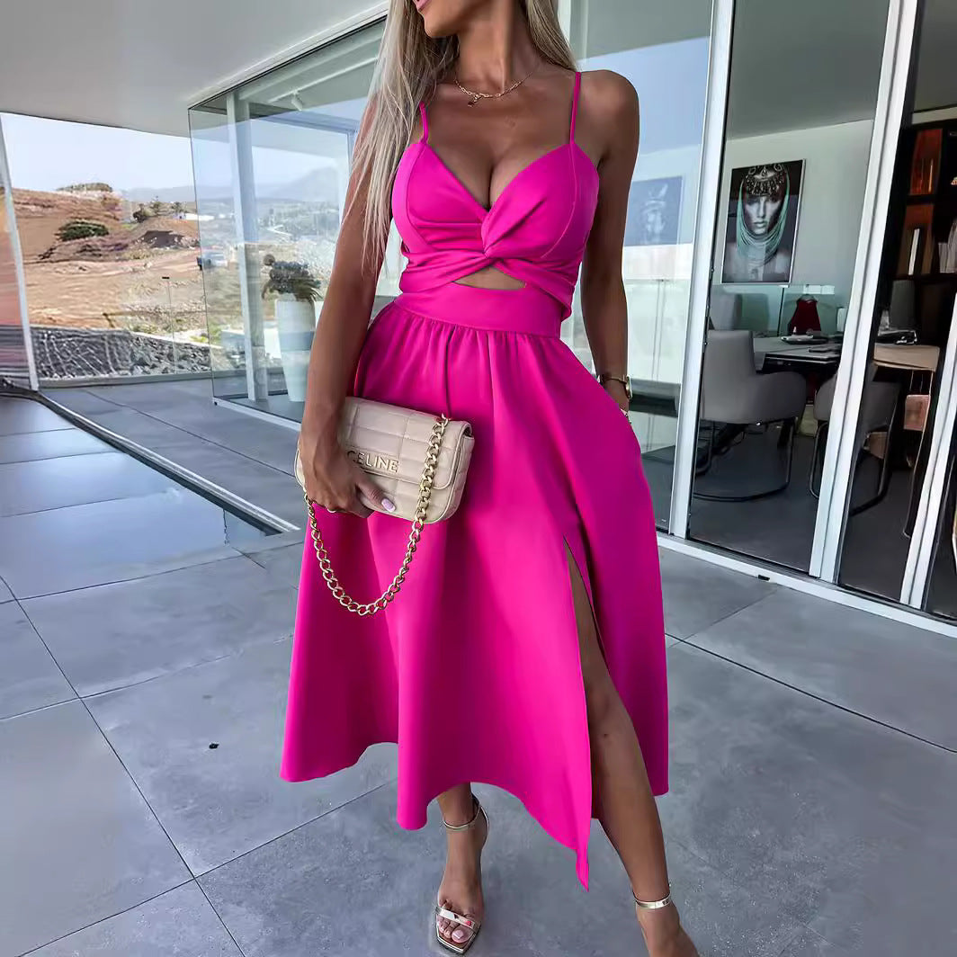 Europe and the United States cross-border foreign trade new women's Amazon suspenders V-neck large pendulum dress slim-fit backless mid-length dress by DERILUJA LLC