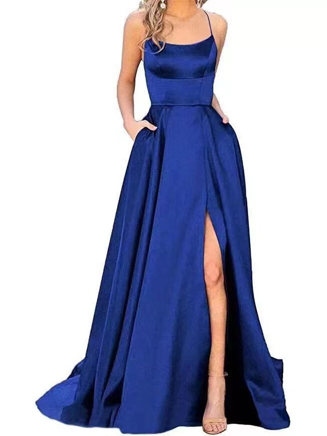 2023 Amazon European and American cross-border new bridesmaid dress long dress small tail strap solid color banquet evening dress by DERILUJA LLC