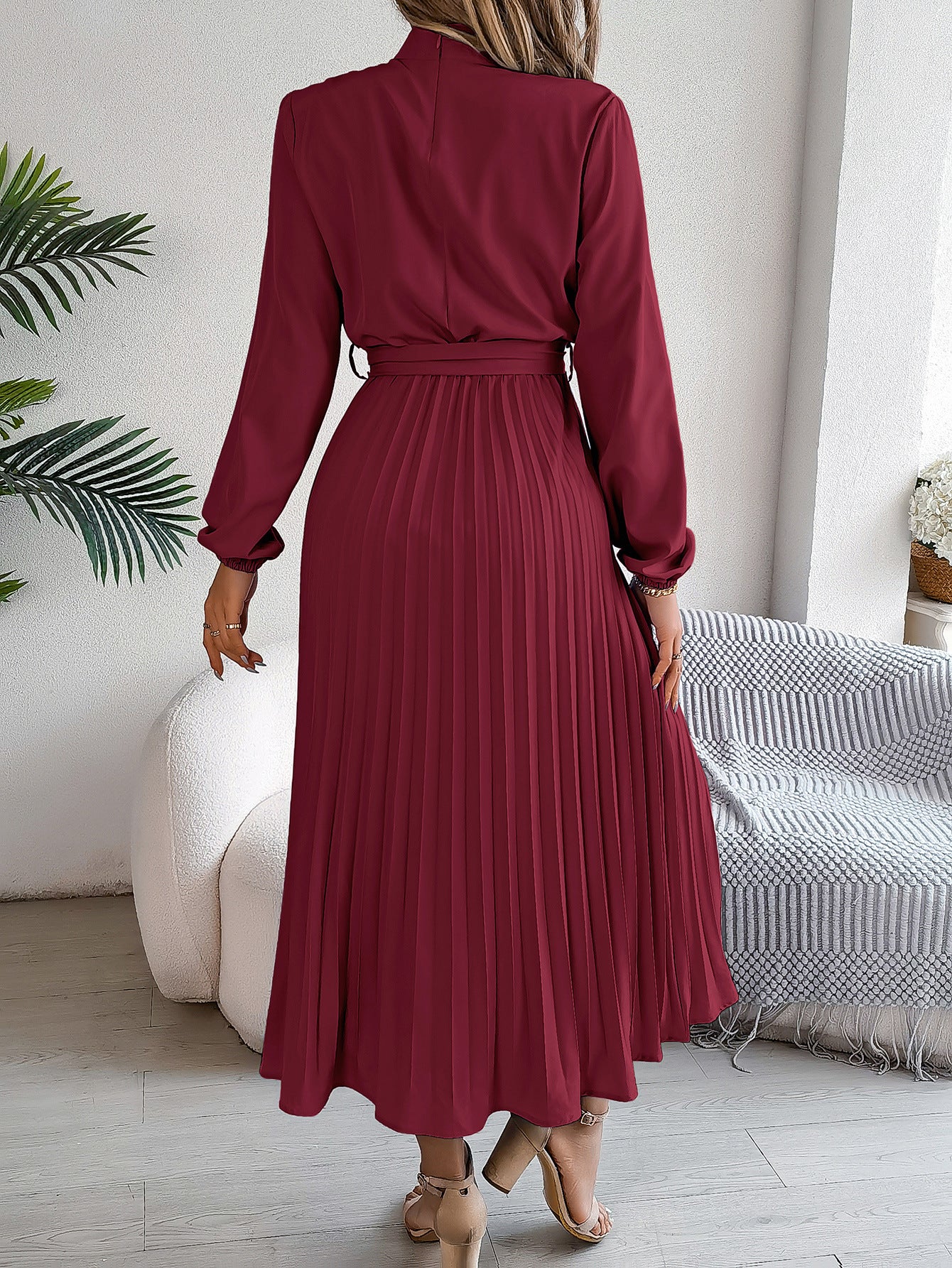 2026 European and American Spring/Summer Elegant Stand Collar Long Sleeve Waist-Cinched Pleated Long Dress Mini Dress Amazon Cross-Border Women's Clothing by DERILUJA LLC