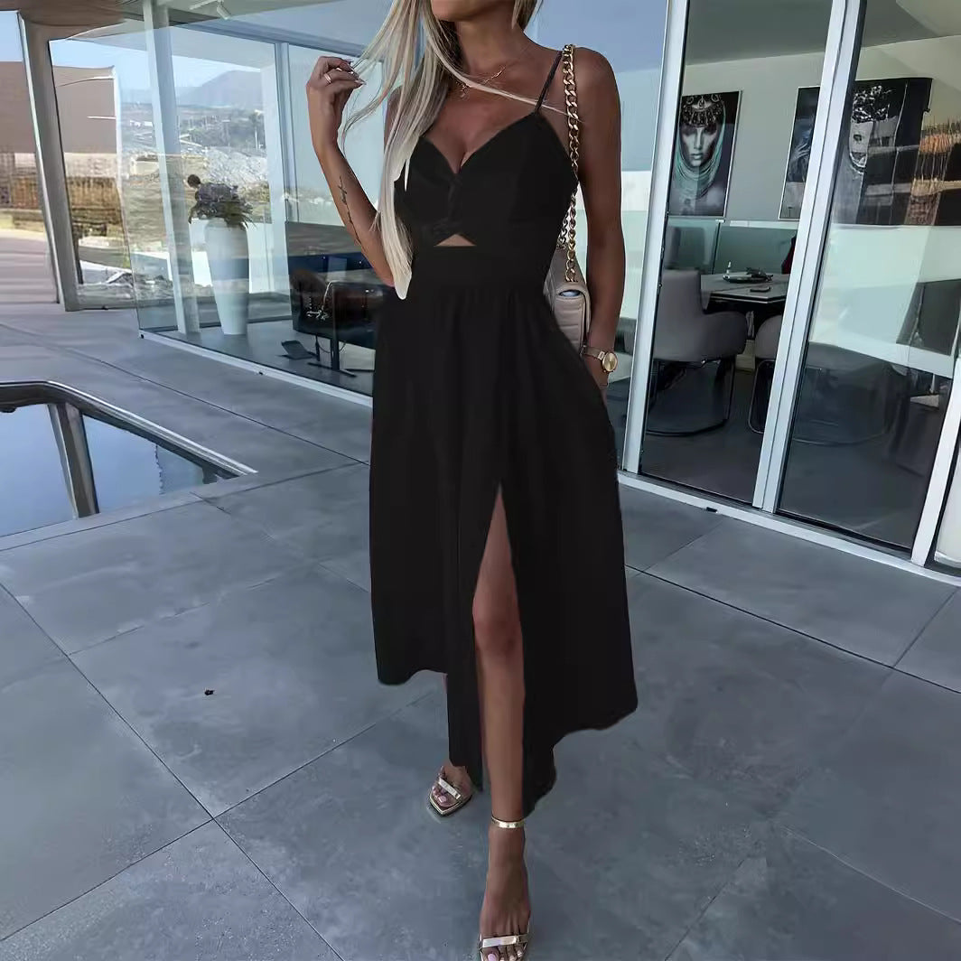 Europe and the United States cross-border foreign trade new women's Amazon suspenders V-neck large pendulum dress slim-fit backless mid-length dress by DERILUJA LLC