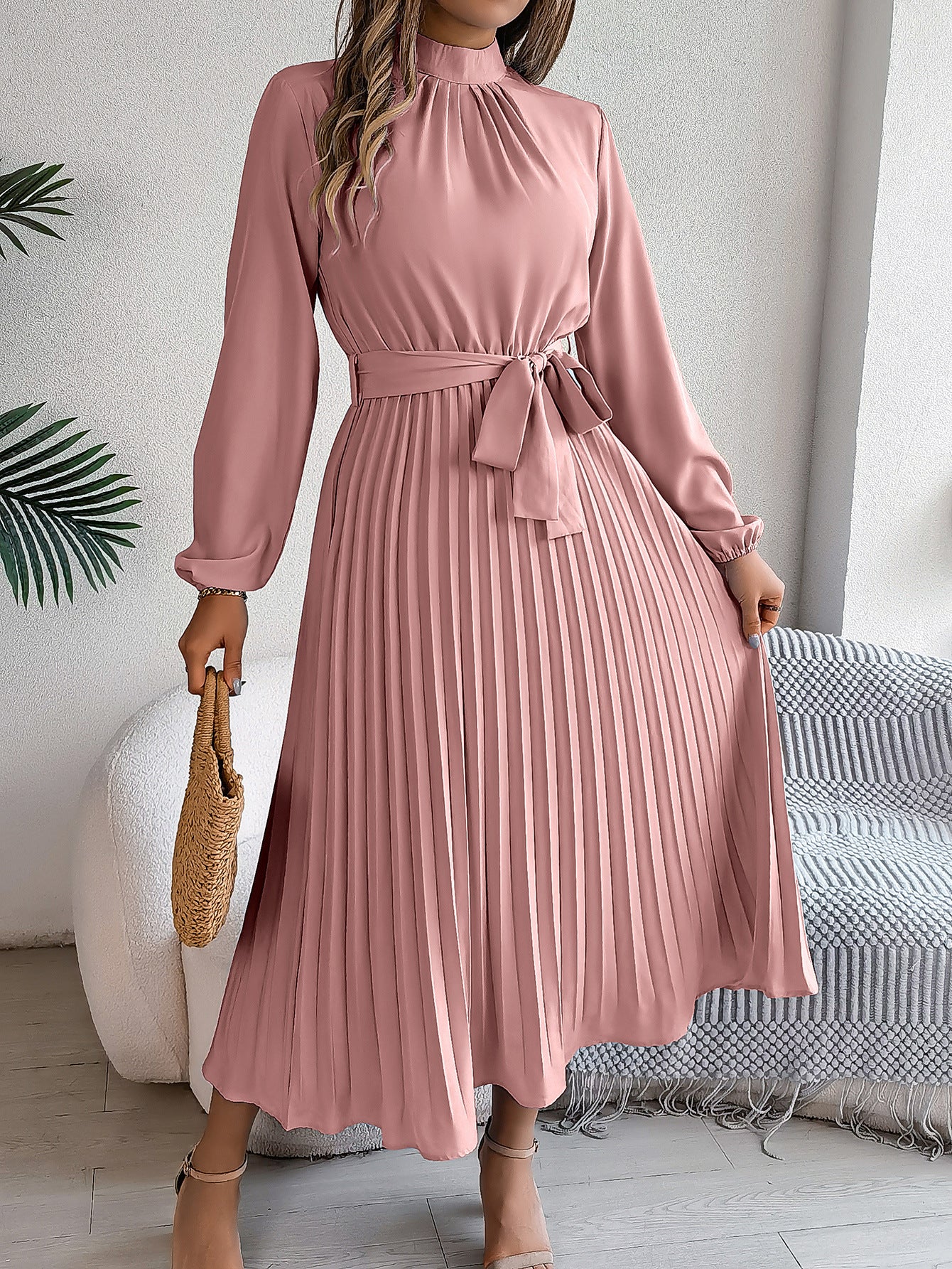 2026 European and American Spring/Summer Elegant Stand Collar Long Sleeve Waist-Cinched Pleated Long Dress Mini Dress Amazon Cross-Border Women's Clothing by DERILUJA LLC