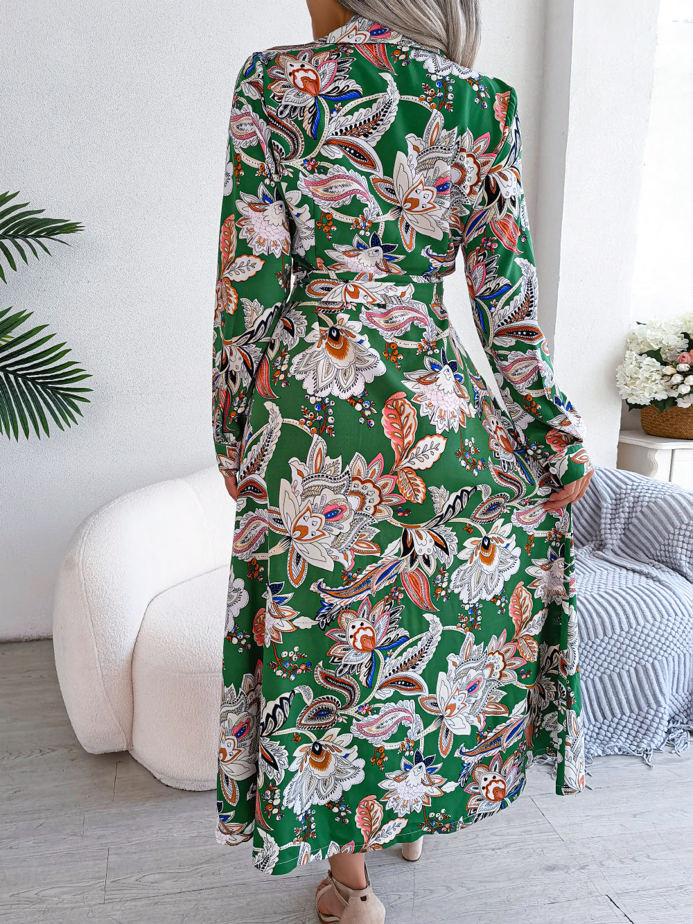2026 Spring/Summer European and American Retro Floral Lapel Tie Shirt Dress Long Dress Amazon Cross-Border Women's Clothing by DERILUJA LLC