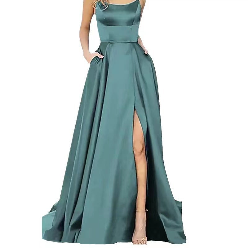 2023 Amazon European and American cross-border new bridesmaid dress long dress small tail strap solid color banquet evening dress by DERILUJA LLC