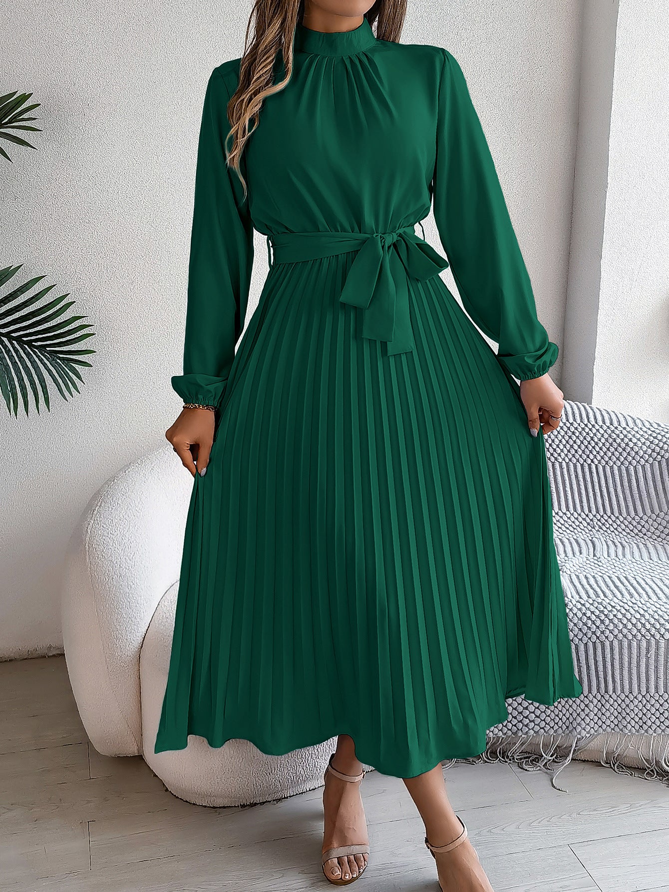 2026 European and American Spring/Summer Elegant Stand Collar Long Sleeve Waist-Cinched Pleated Long Dress Mini Dress Amazon Cross-Border Women's Clothing by DERILUJA LLC