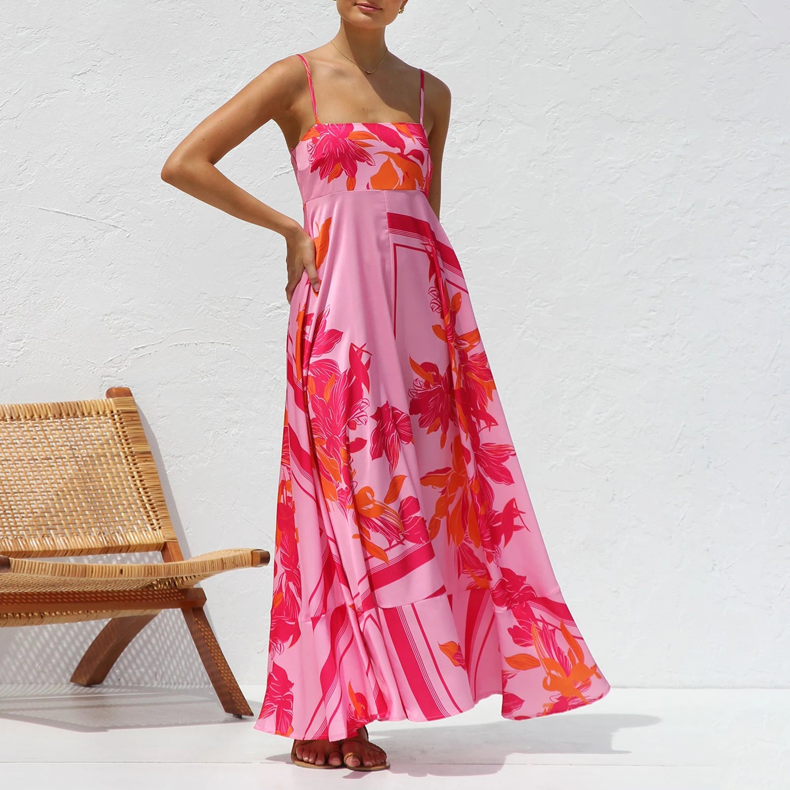 Women Sun Long Dress Swing Dress Slip Dress Spaghetti Straps Floral Backless Dresses Summer Lady Elegant Holiday Outfits by DERILUJA LLC