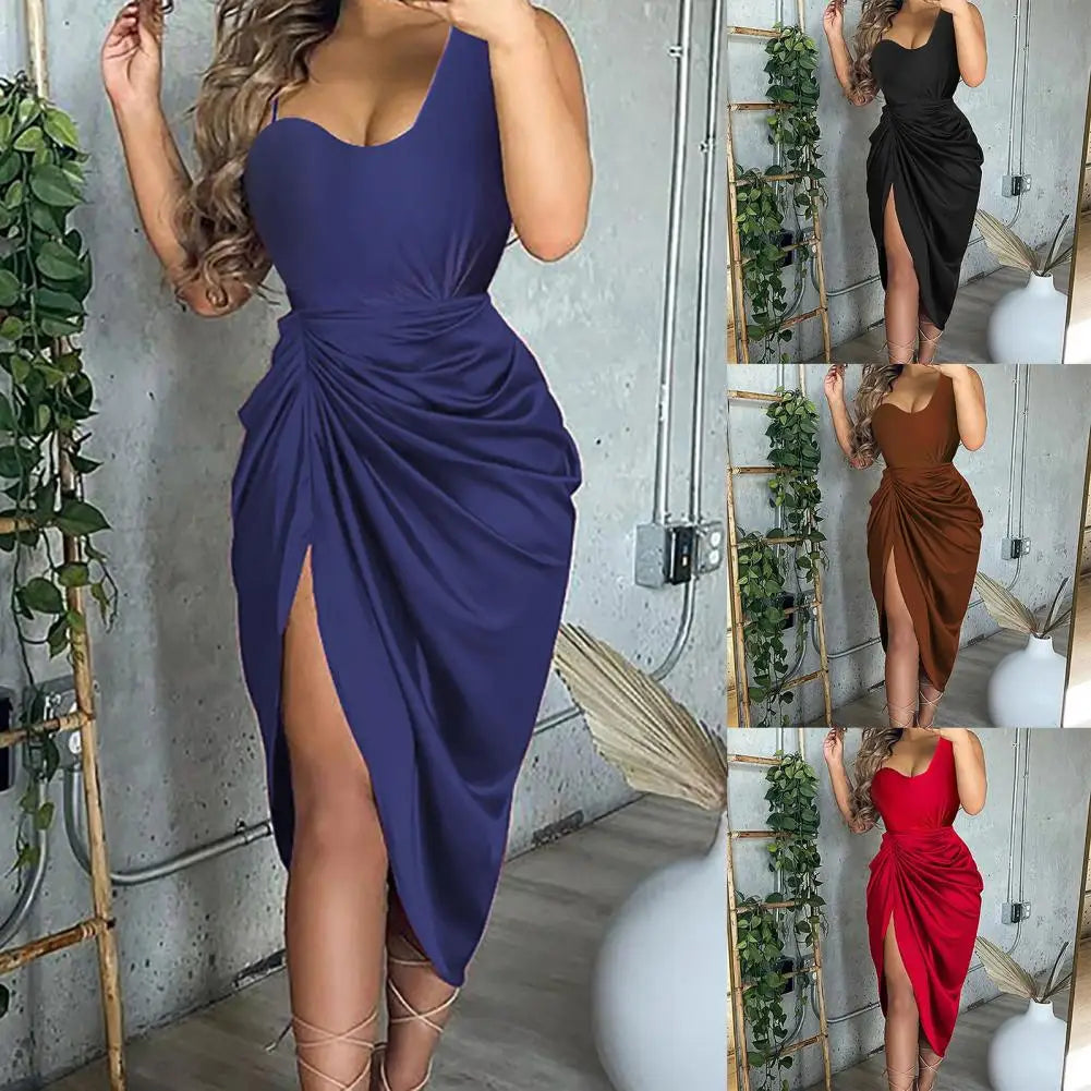 Summer Women Dress Spaghetti Strap Draped High Cut Bodycon Lady Dress Satin One Shoulder by DERILUJA LLC