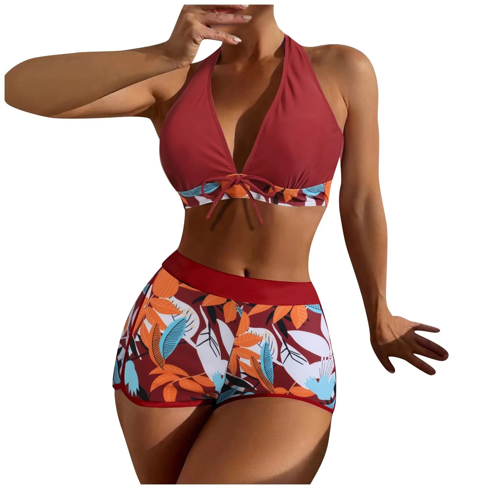 Women's Paneled Printed Swimsuit Ladies Fashion High Waist Swimsuit Two-Piece Set V-Neck Bathing Suits Female by DERILUJA LLC