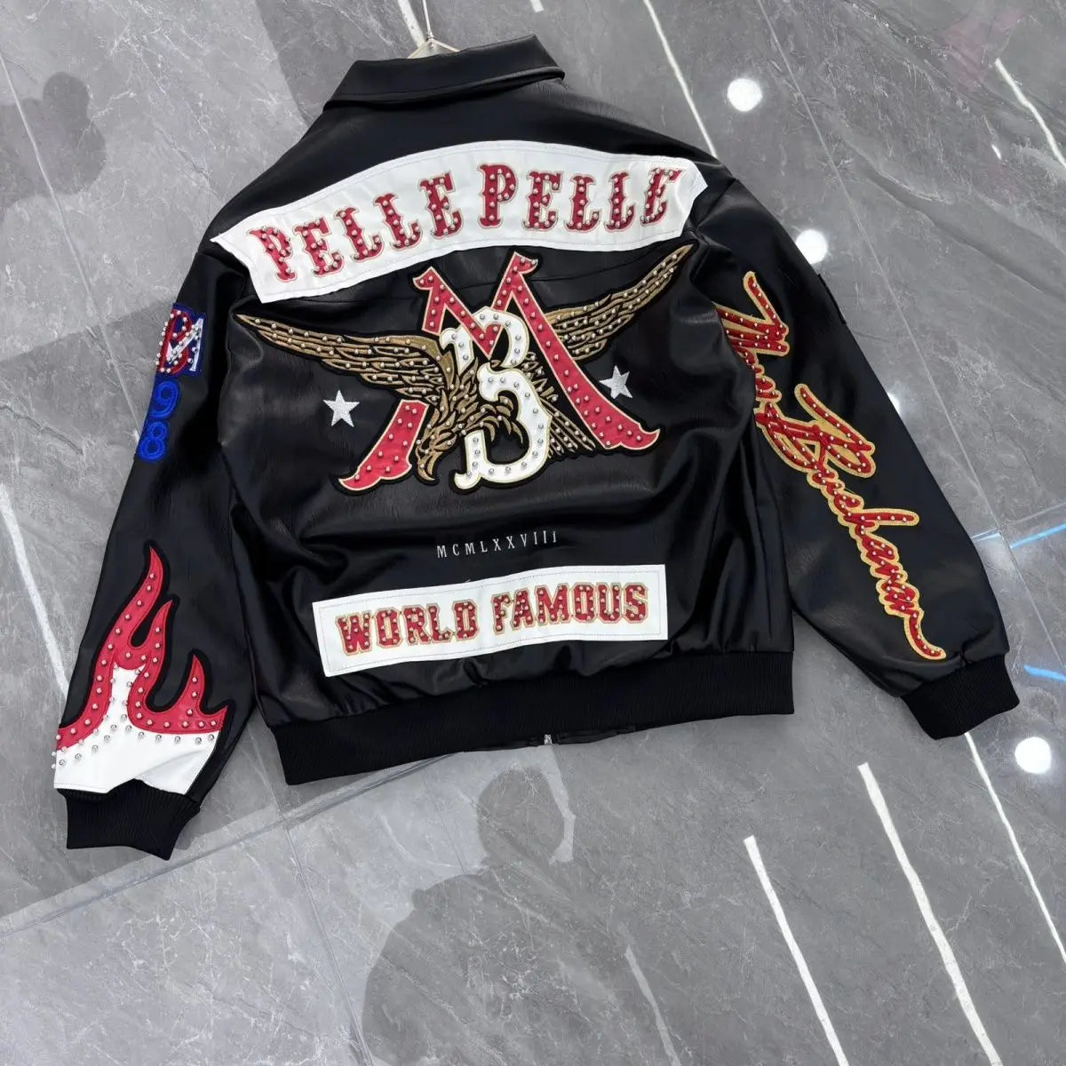 Hip-hop eagle embroidery leather jackets cool flame decoration baseball streetwear autumn and winter jacket men clothing by DERILUJA LLC