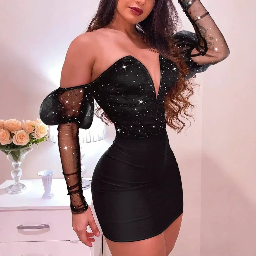 Women Strapless Mesh Splicing Long Sleeve Mini Dress Bodycon Fashion by DERILUJA LLC