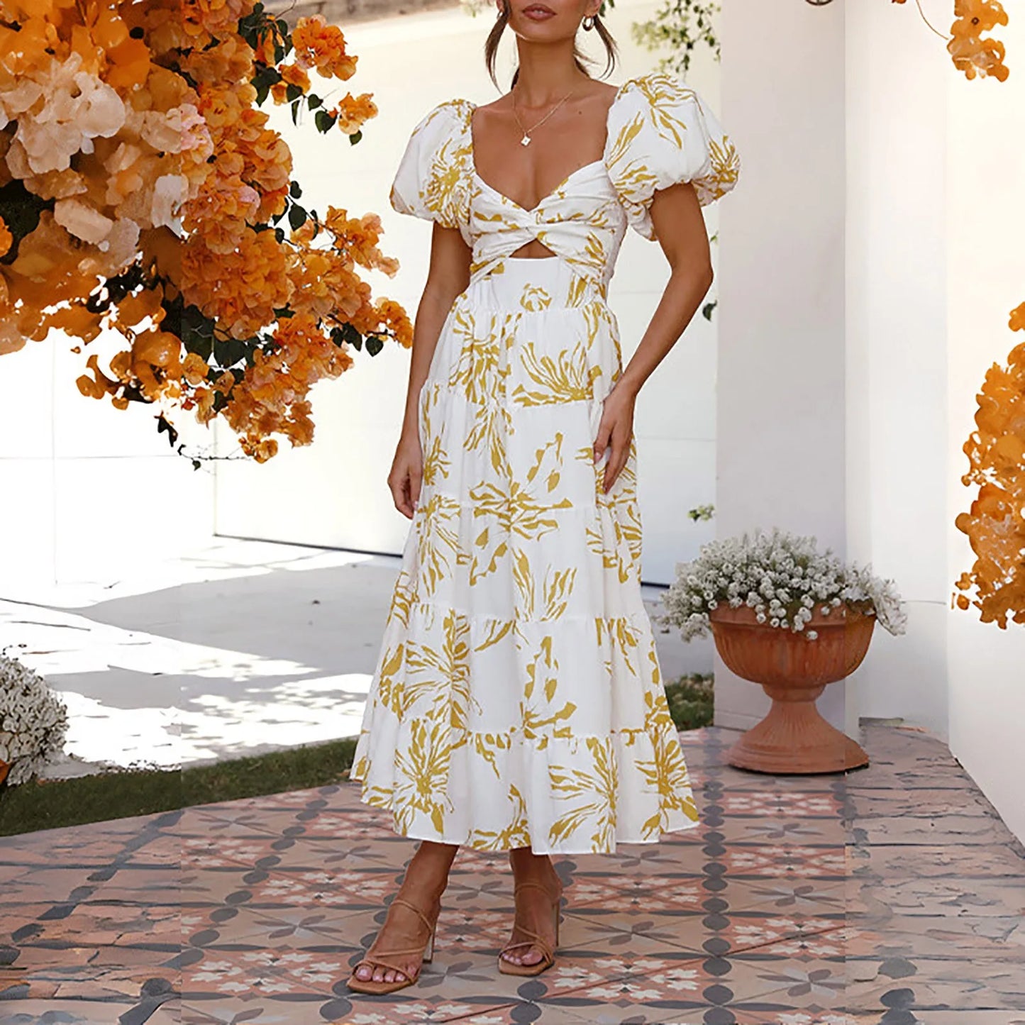 Summer V Neck Cutout Floral Print Dresses Elegant Women Puff Short Sleeve Casual Dress Pleated Waisted Swing Beach Long Dress 2026 by DERILUJA LLC
