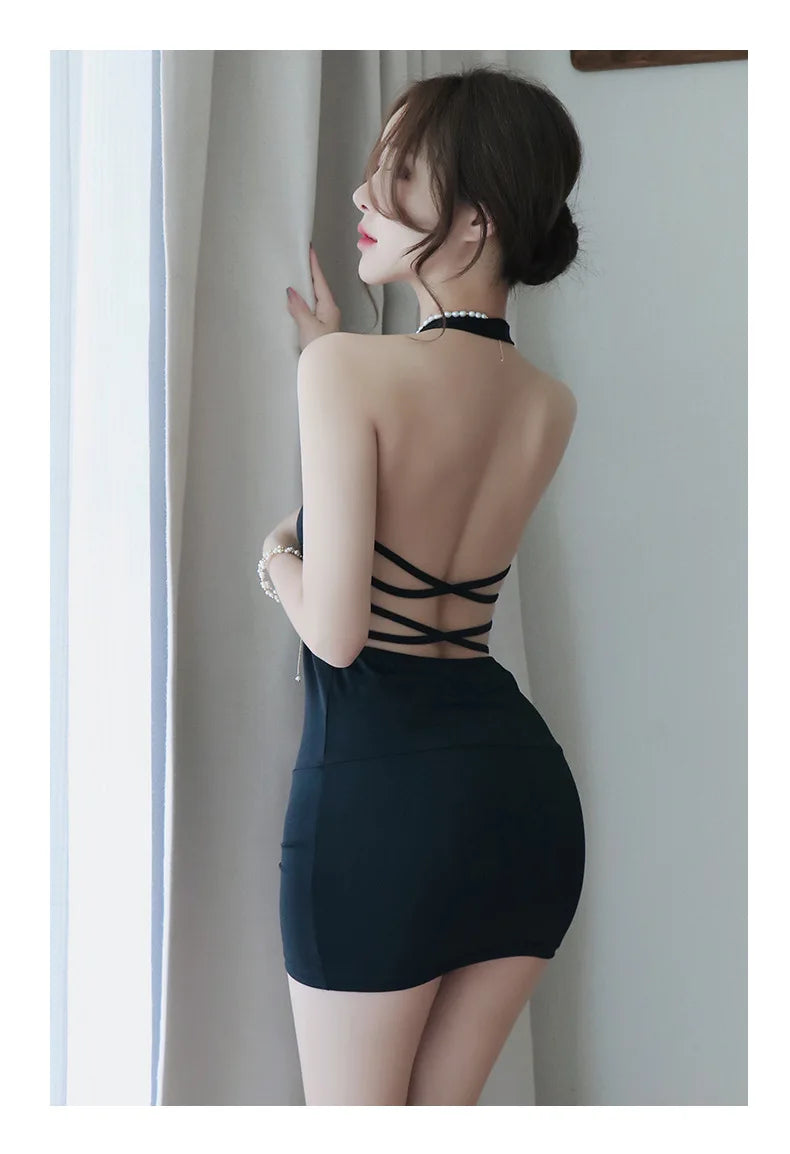 Dress Deep V-Neck Slim Hot Backless Mini Dress Female Bandage Halter Patchwork Mini Vestidos by DERILUJA LLC
