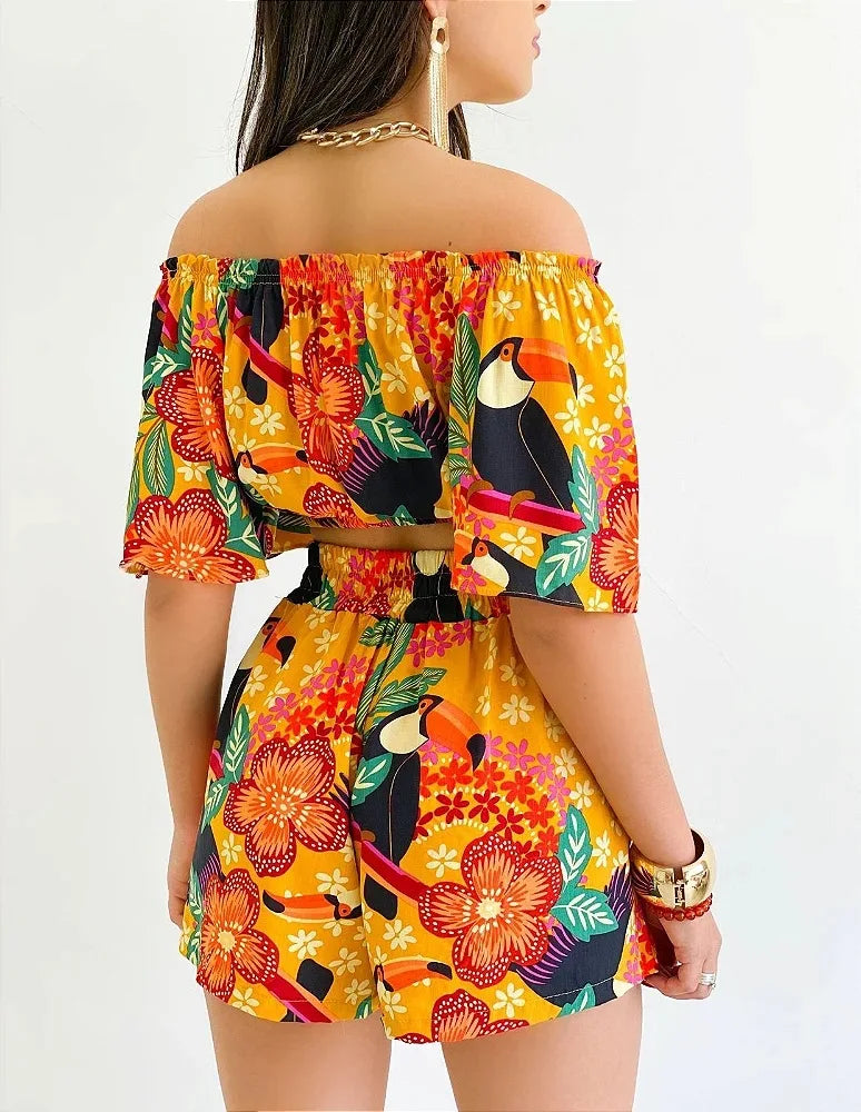 Shoulder Slash Neck T-shirt Shorts Set Office Lady Floral Print Lace Up Short Sleeve Two Piece Set Women Outfit 2026