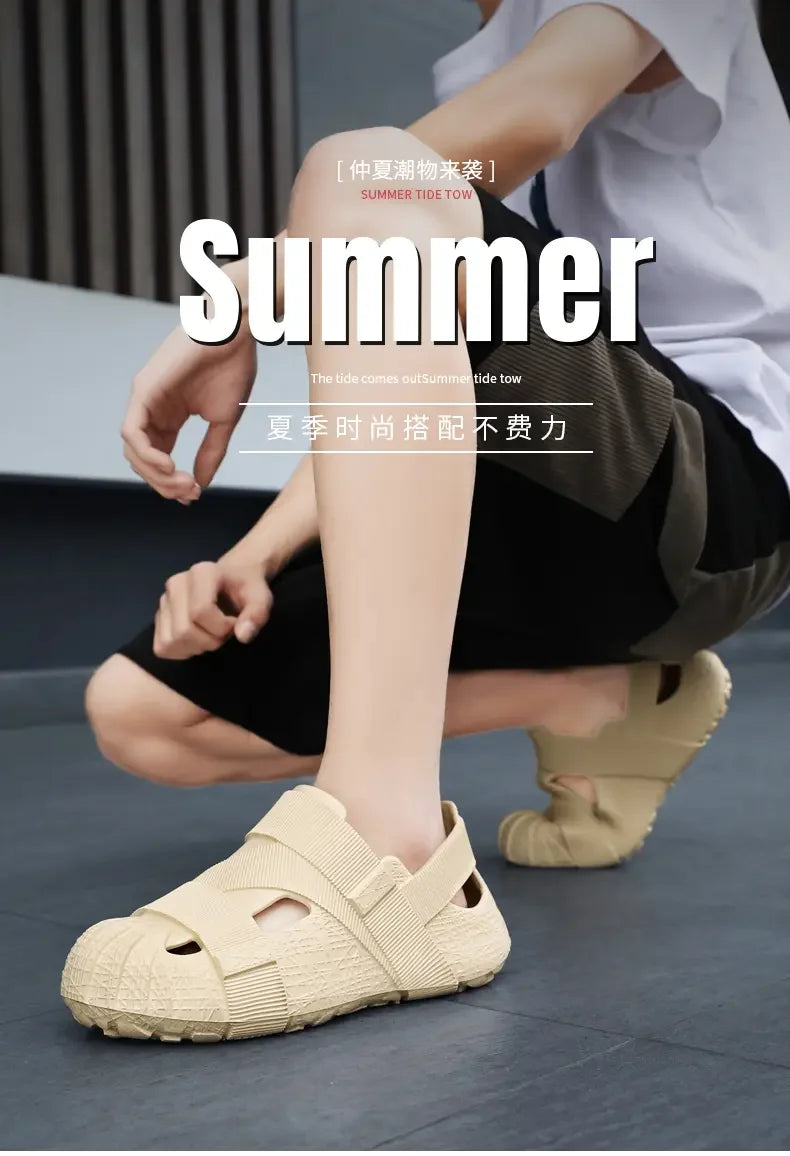 Summer Men's Outdoor Hollow Sandals Flat Bottom Non Slip Women's Garden Beach Breathable Soft Bottom Sneakers Large Sandals by DERILUJA LLC