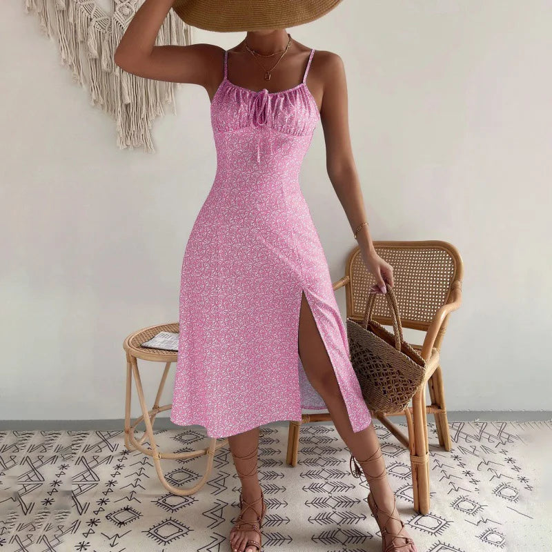 Dress Beach Style Floral Print Frock Lace-Up V-Neck Ruched Skirt Slit Hem Female Vestido by DERILUJA LLC