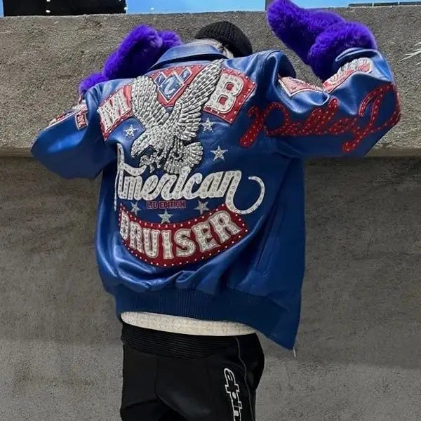 Heavy Industry Embroidery American Retro Motorcycle Coat Men's and Women's Stand Collar Flight Jacket Leather Jacket New Coat by DERILUJA LLC