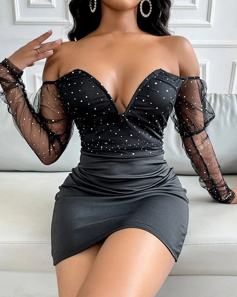 Women Strapless Mesh Splicing Long Sleeve Mini Dress Bodycon Fashion by DERILUJA LLC
