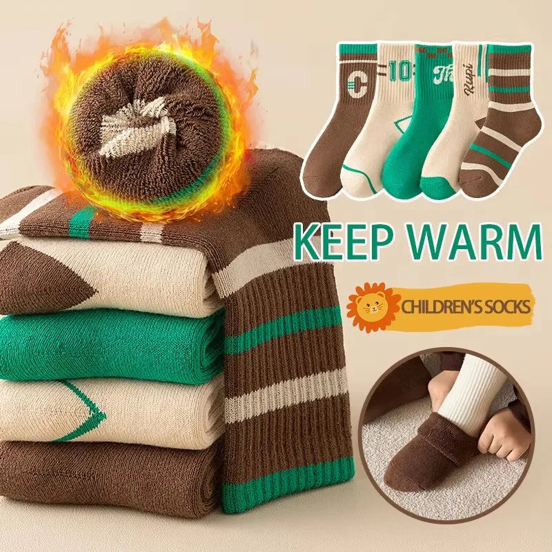 5 Pairs/lot Children's Winter Socks Warm Baby Child Thicken Cotton Socks Boys Terry Socks Letter Pattern Thermal Socks by DERILUJA LLC