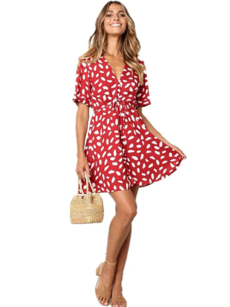 White Sand Spot Mini Summer Women V Neck Casual Beach Sundress Sexy Botton Wrap Bodycon Dress Female by DERILUJA LLC