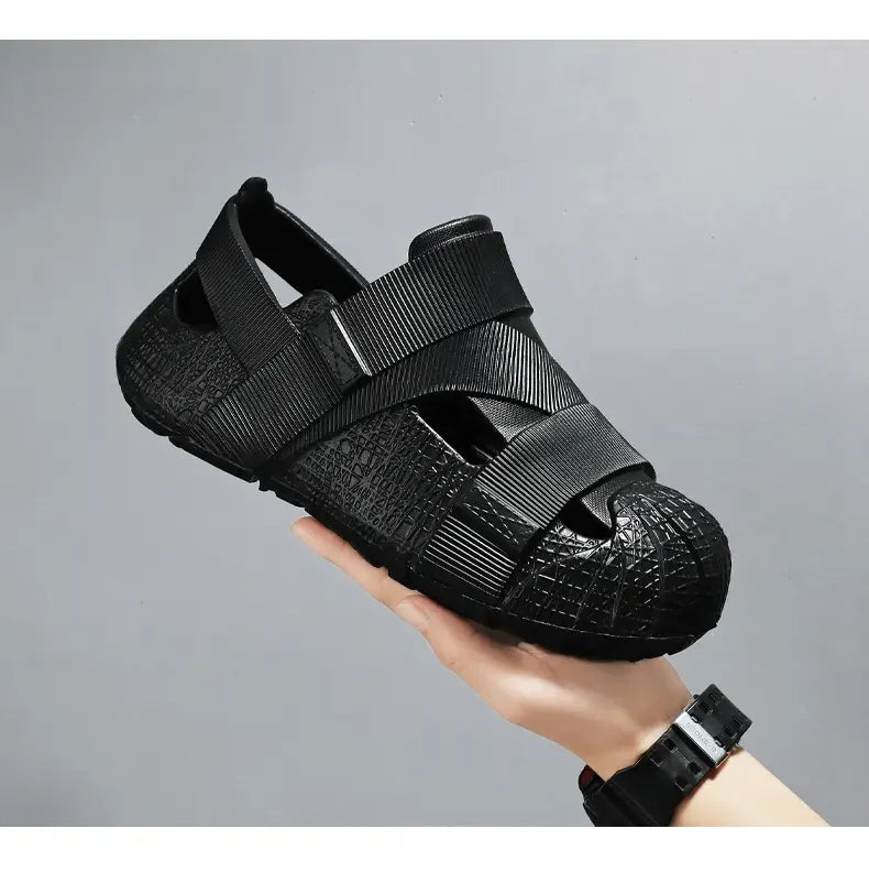 Summer Men's Outdoor Hollow Sandals Flat Bottom Non Slip Women's Garden Beach Breathable Soft Bottom Sneakers Large Sandals by DERILUJA LLC