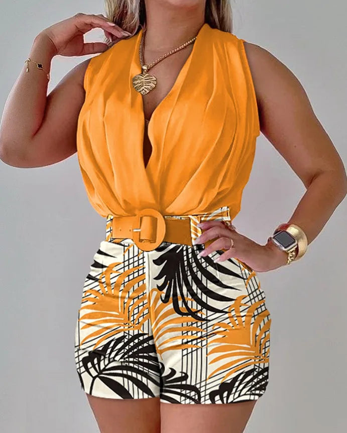 Summer two-piece ( 2 Pieces Sets) for Women Fashion Sleeveless Halter Top Printed Shorts Two Piece Set Elegant Office Lady Commuting Suit 2026 by DERILUJA LLC