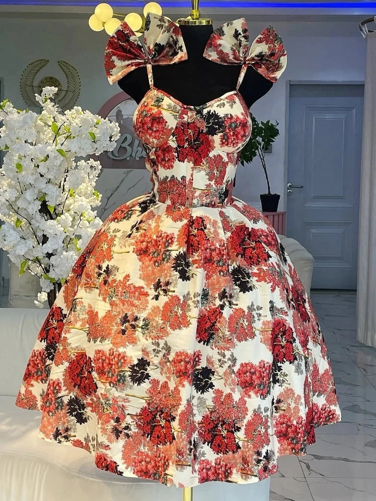Elegant Floral Print A- Line Mini Dress with Bow Knot High Waist Slimming for Women Spring Season Fashion Casual Skirt by DERILUJA LLC