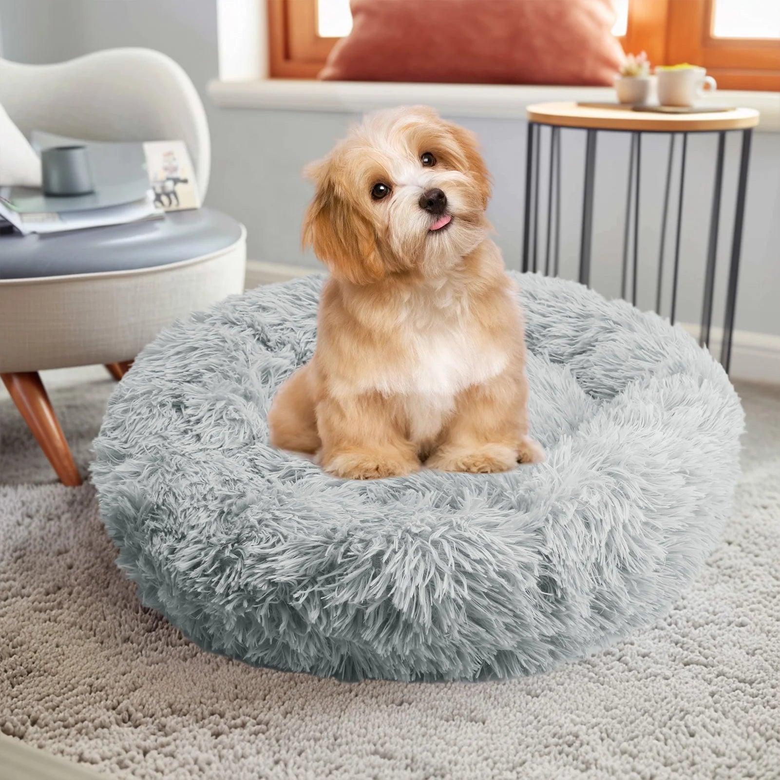 50cm Round Pet Bed Calming Dog & Cat Anti-Anxiety Donut Cuddler Round Cozy Ultra Kennel Washable Plush Cushion Winter Warm Sleep