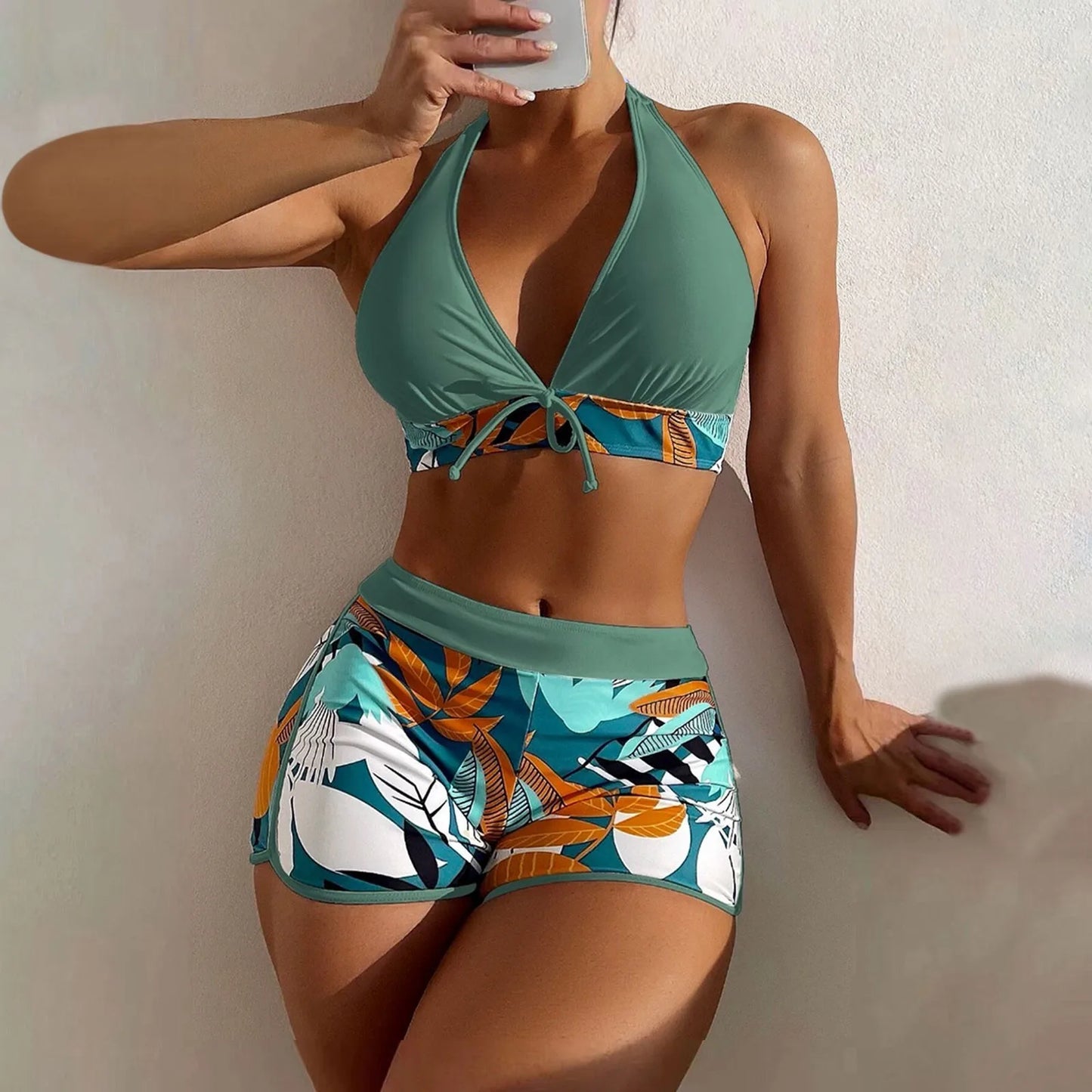 Women's Paneled Printed Swimsuit Ladies Fashion High Waist Swimsuit Two-Piece Set V-Neck Bathing Suits Female by DERILUJA LLC