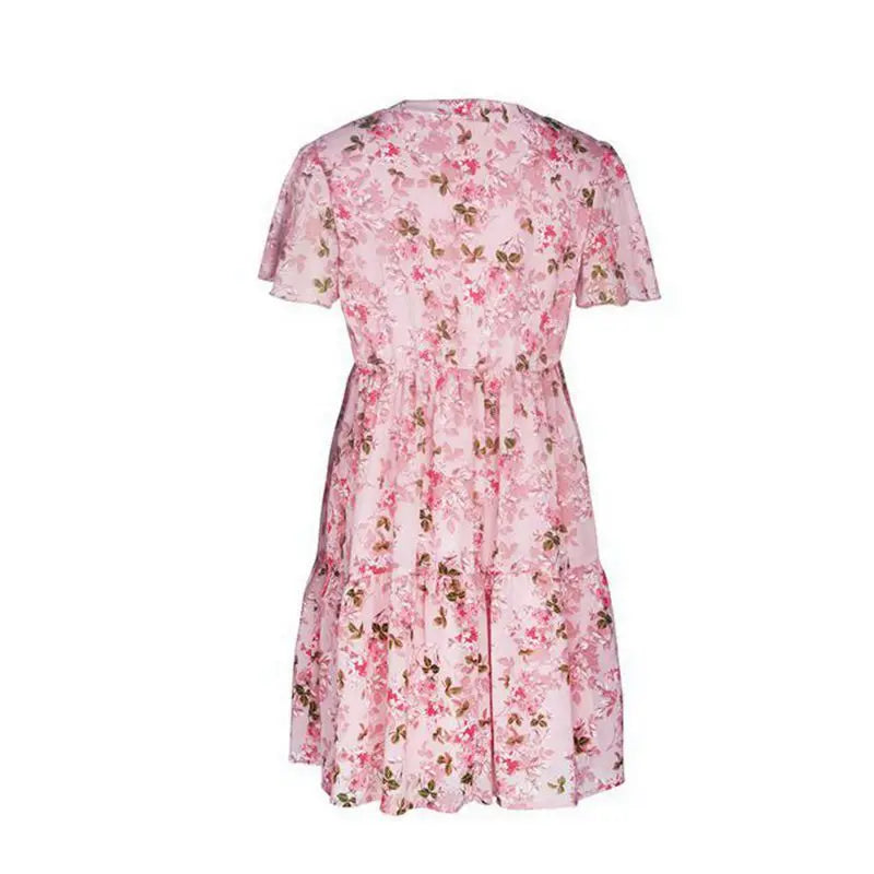 Spring Summer Fashion Women V Neck Short Sleeve Loose Chic Floral Printed Dress by DERILUJA LLC