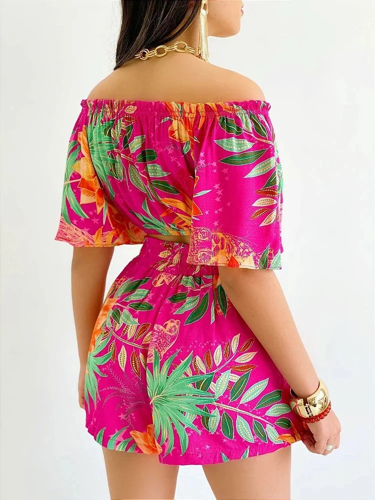 Shoulder Slash Neck T-shirt Shorts Set Office Lady Floral Print Lace Up Short Sleeve Two Piece Set Women Outfit 2026