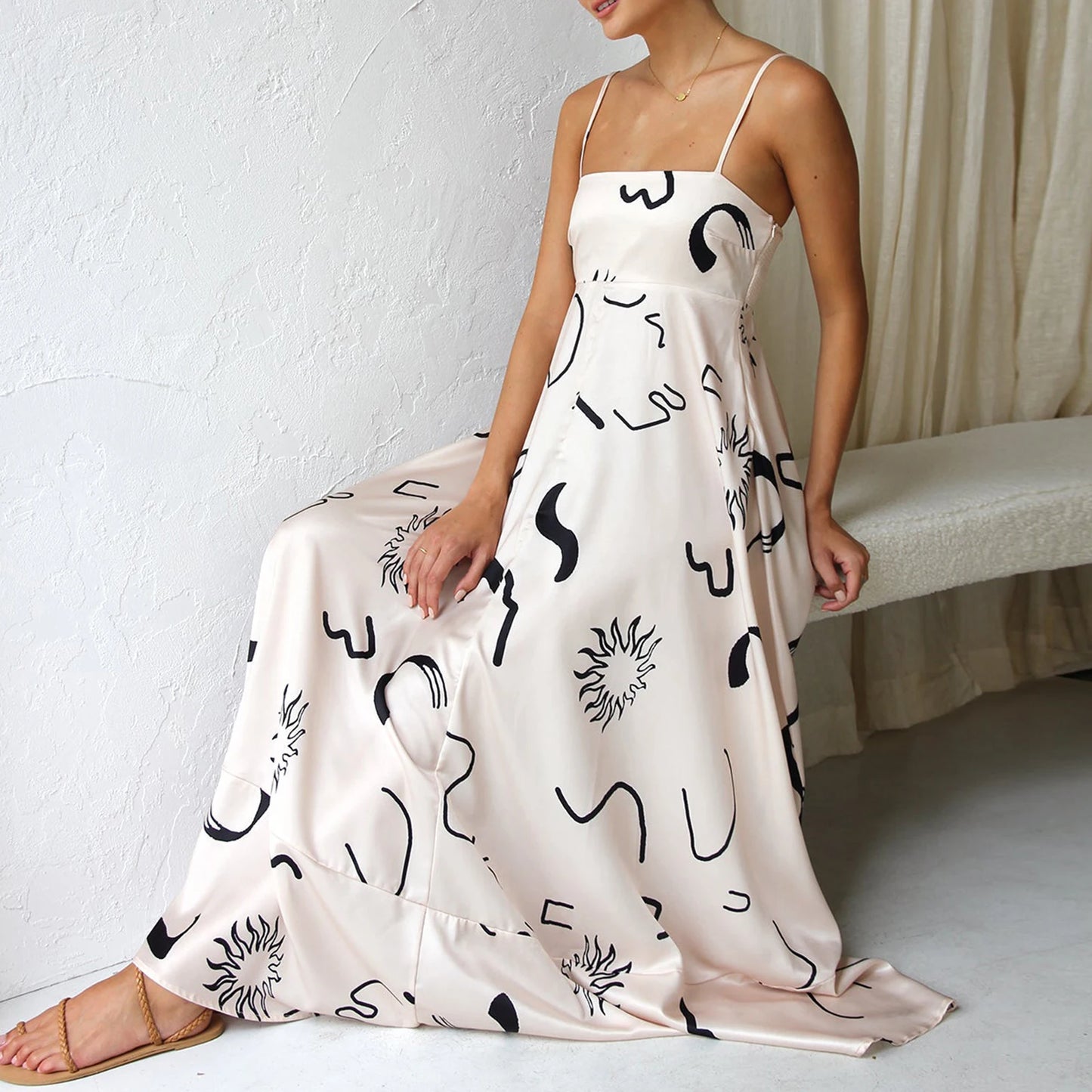Women Sun Long Dress Swing Dress Slip Dress Spaghetti Straps Floral Backless Dresses Summer Lady Elegant Holiday Outfits by DERILUJA LLC