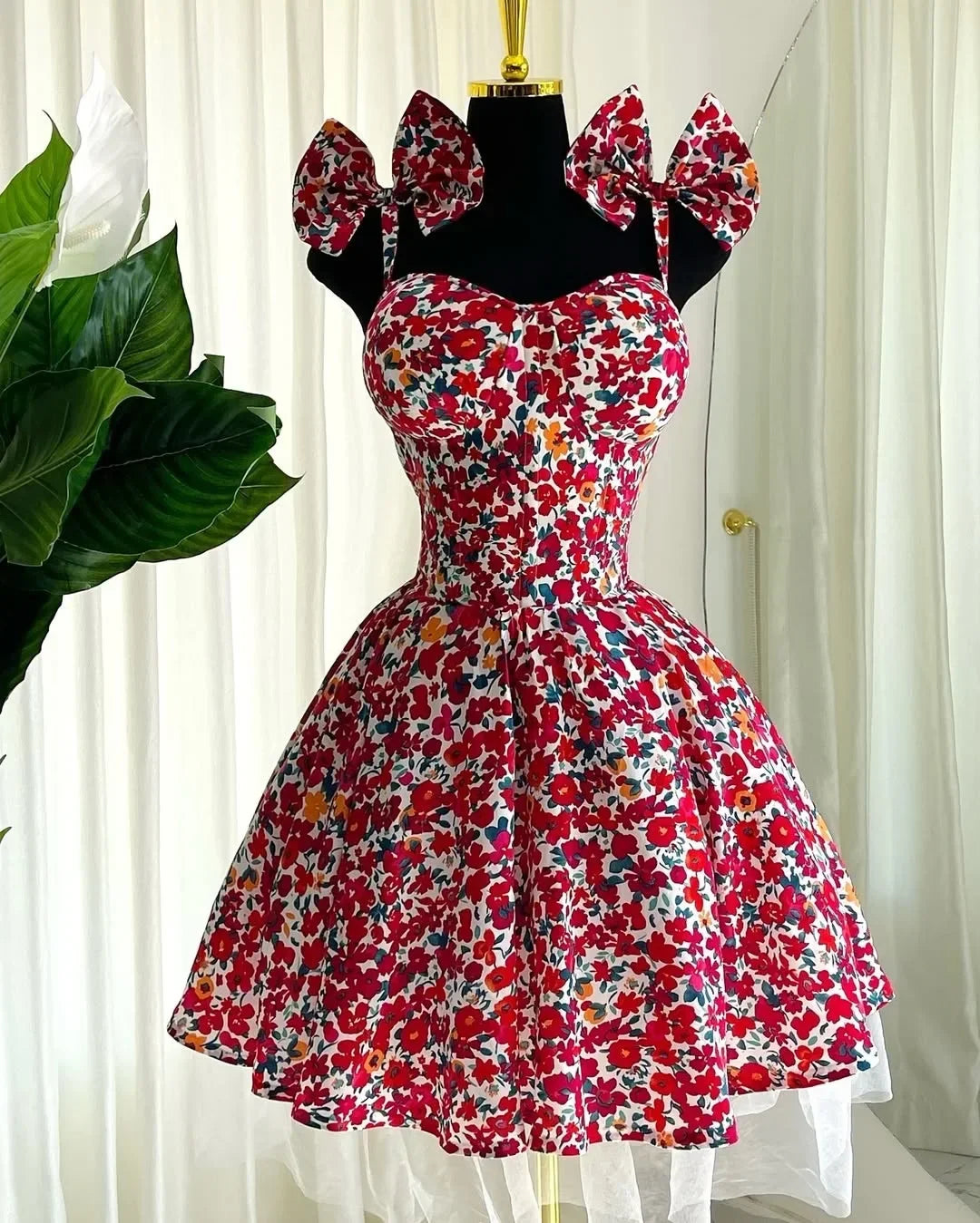 Elegant Floral Print A- Line Mini Dress with Bow Knot High Waist Slimming for Women Spring Season Fashion Casual Skirt