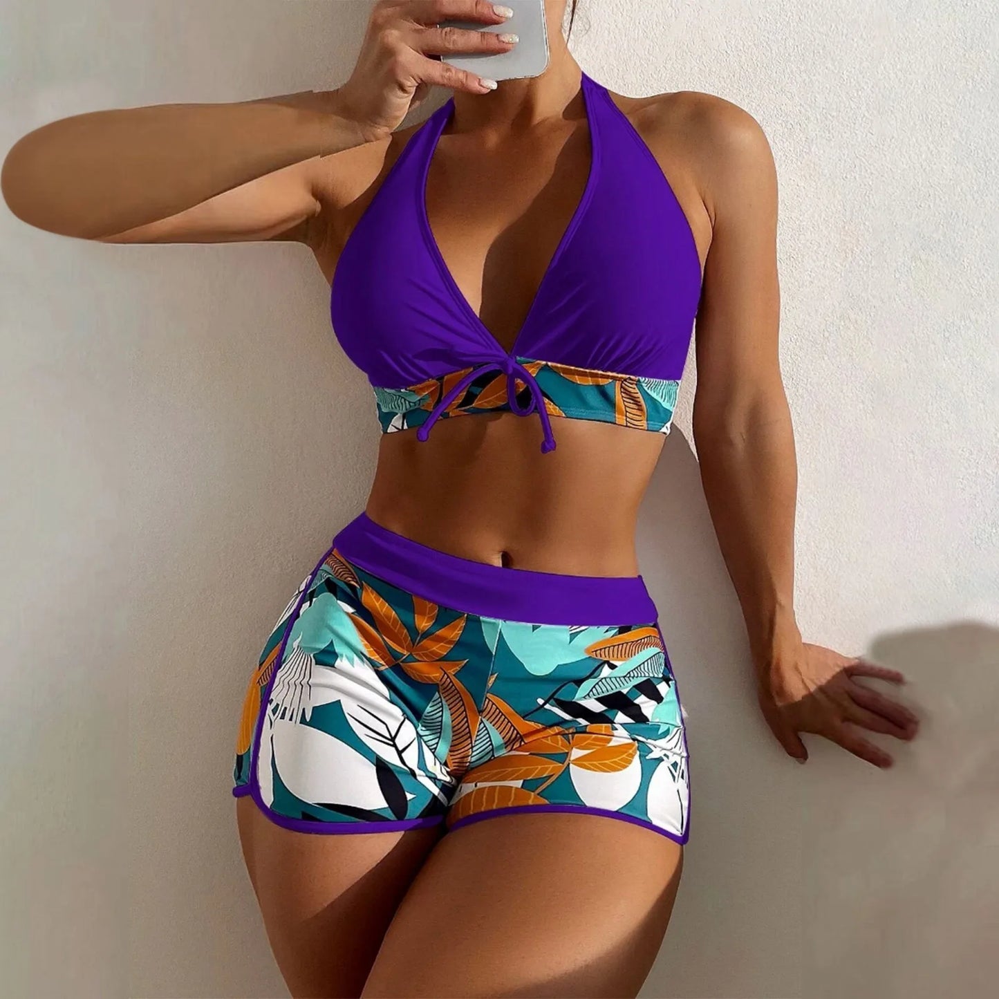 Women's Paneled Printed Swimsuit Ladies Fashion High Waist Swimsuit Two-Piece Set V-Neck Bathing Suits Female by DERILUJA LLC