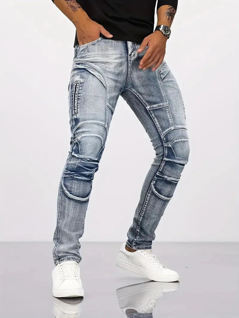Two tone distressed patchwork jeans for men trendy jeans for summer thin straight leg pants slim fit small leg distressed jeans by DERILUJA LLC