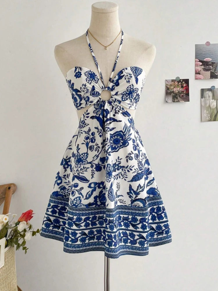 Women's Romantical Floral Print Halter Neck Fashionable Dress Easy to Create Lazy Stylish Vacation Style Dress by DERILUJA LLC
