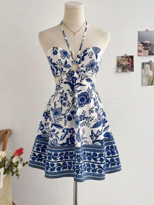 Women's Romantical Floral Print Halter Neck Fashionable Dress Easy to Create Lazy Stylish Vacation Style Dress by DERILUJA LLC