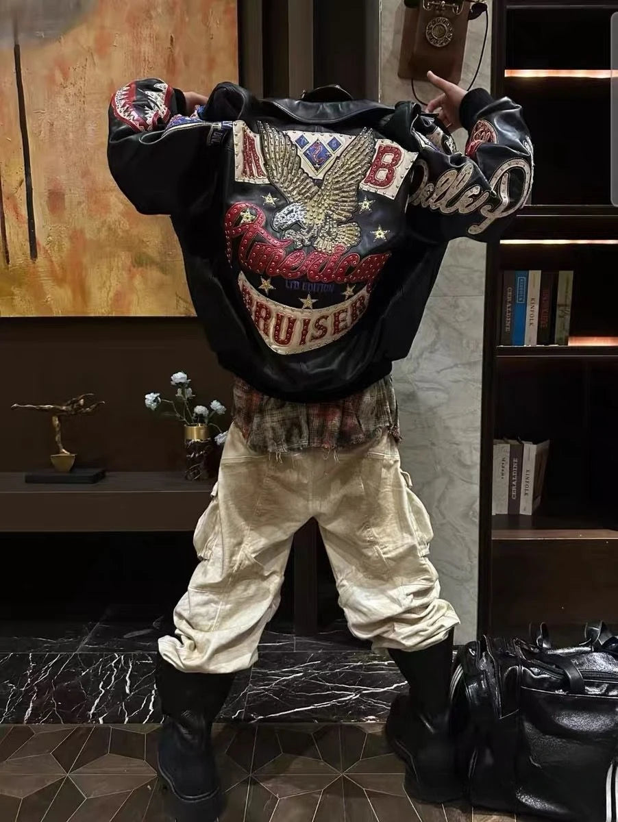 Heavy Industry Embroidery American Retro Motorcycle Coat Men's and Women's Stand Collar Flight Jacket Leather Jacket New Coat by DERILUJA LLC