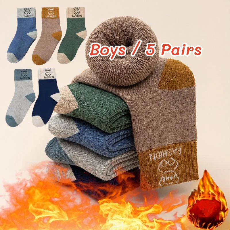 5 Pairs/lot Children's Winter Socks Warm Baby Child Thicken Cotton Socks Boys Terry Socks Letter Pattern Thermal Socks by DERILUJA LLC