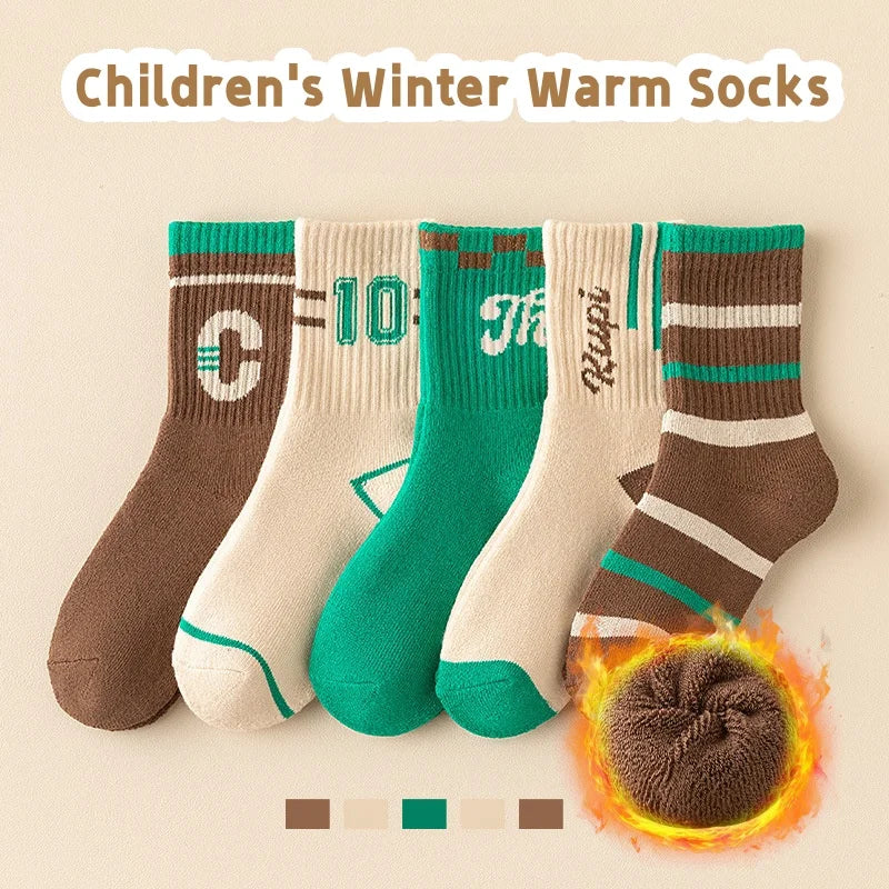 5 Pairs/lot Children's Winter Socks Warm Baby Child Thicken Cotton Socks Boys Terry Socks Letter Pattern Thermal Socks by DERILUJA LLC