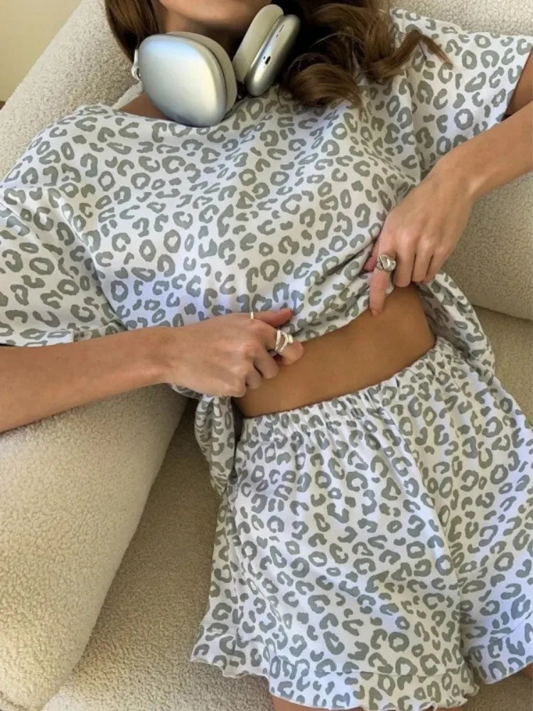 2026 Summer Sleepwear Women's Fashion Leopard Print Hottie Round Neck Short Sleeve Tops and Shorts Suit Pyjamas Homewear by DERILUJA LLC