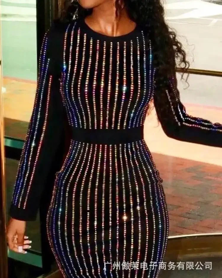 2026 Sequin Round Neck Women Dress Striped Solid Splice Party by DERILUJA LLC